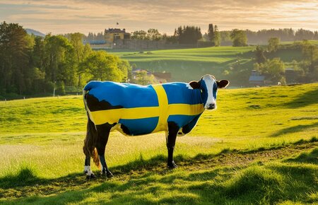 En mjölkko med en svensk flagga målad på sig.