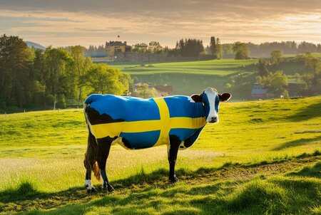 A milk cow with a Swedish flag painted on it